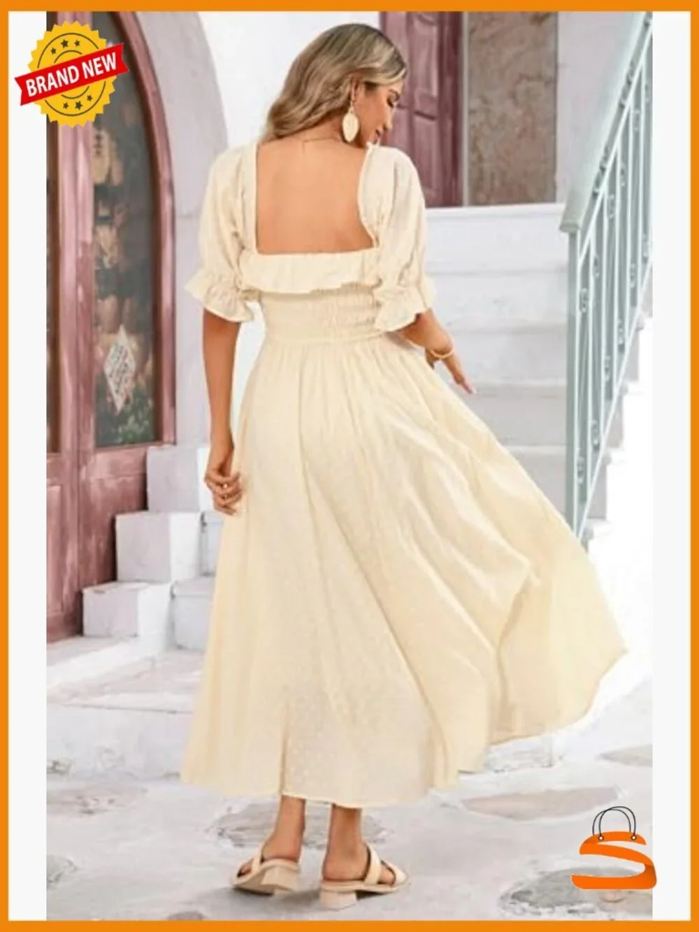 Women Summer Cotton Ruffle Vintage Backless A-Line Flowy Midi Dress